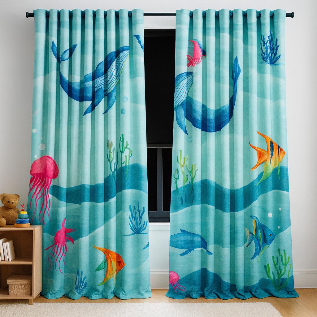 Blue ocean whale pattern curtains