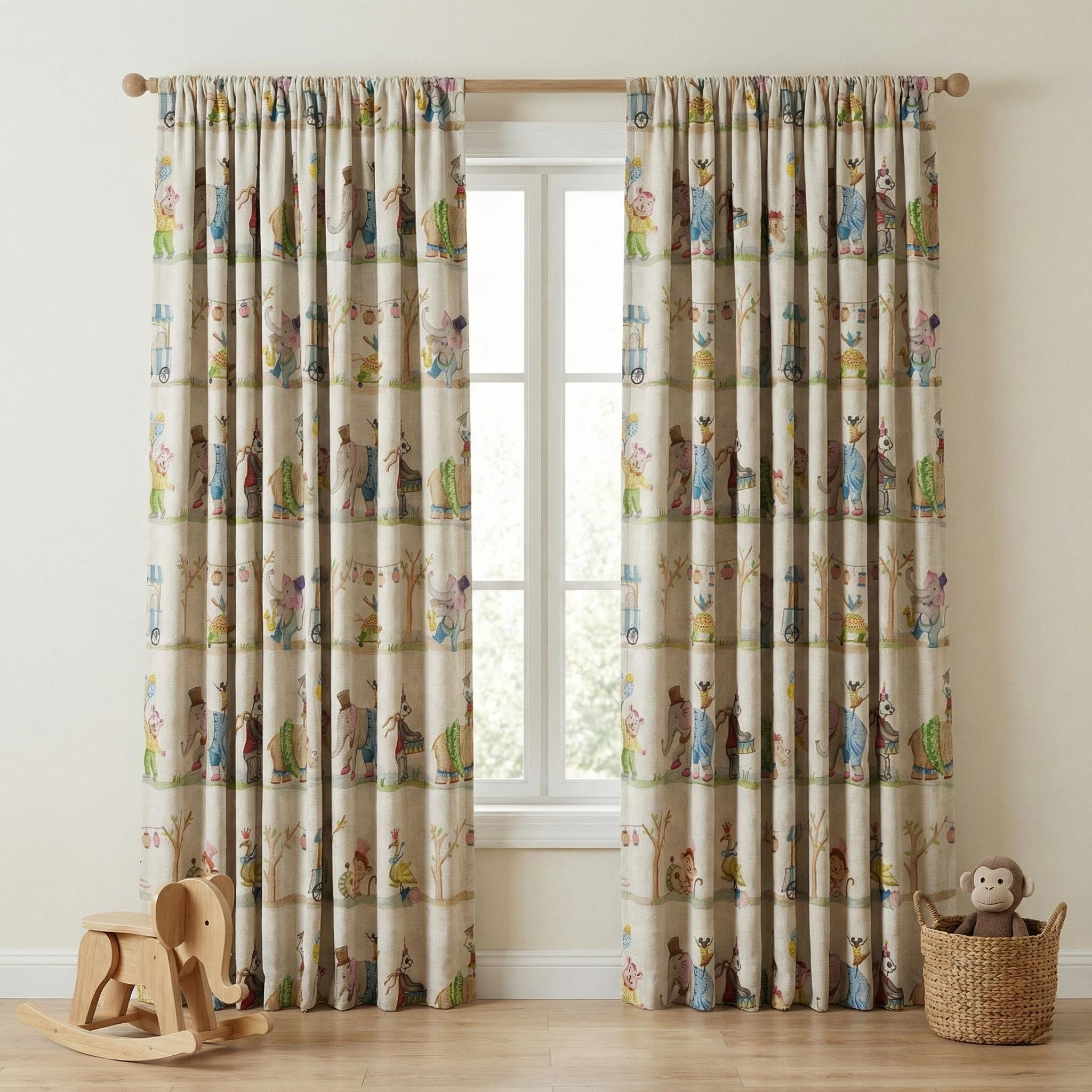 Beige Storybook Village Linen Curtains