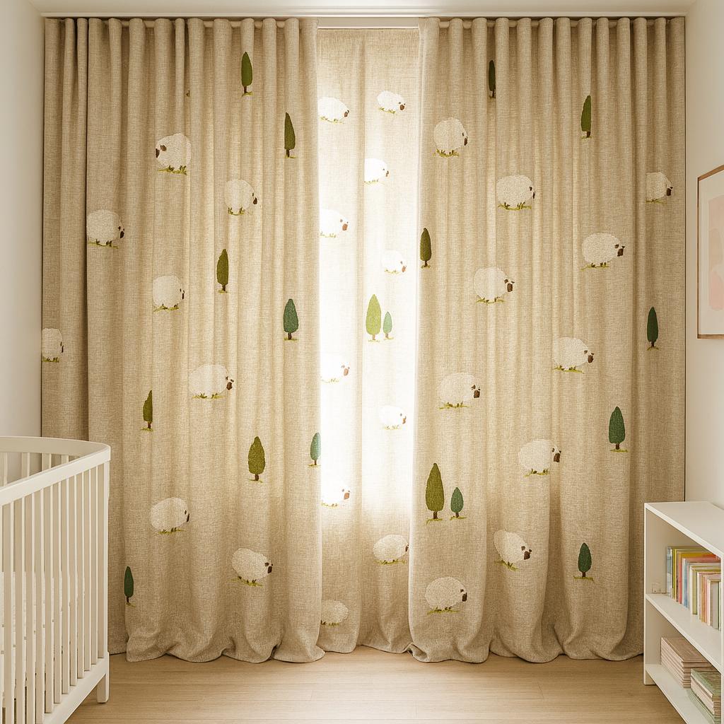 Beige Sheep Embroidered Linen Curtains