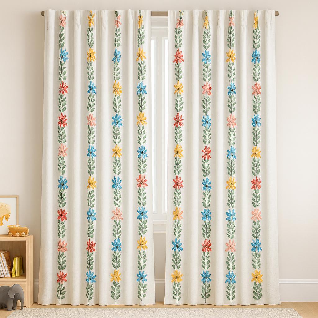 White Floral Vine Linen Curtains