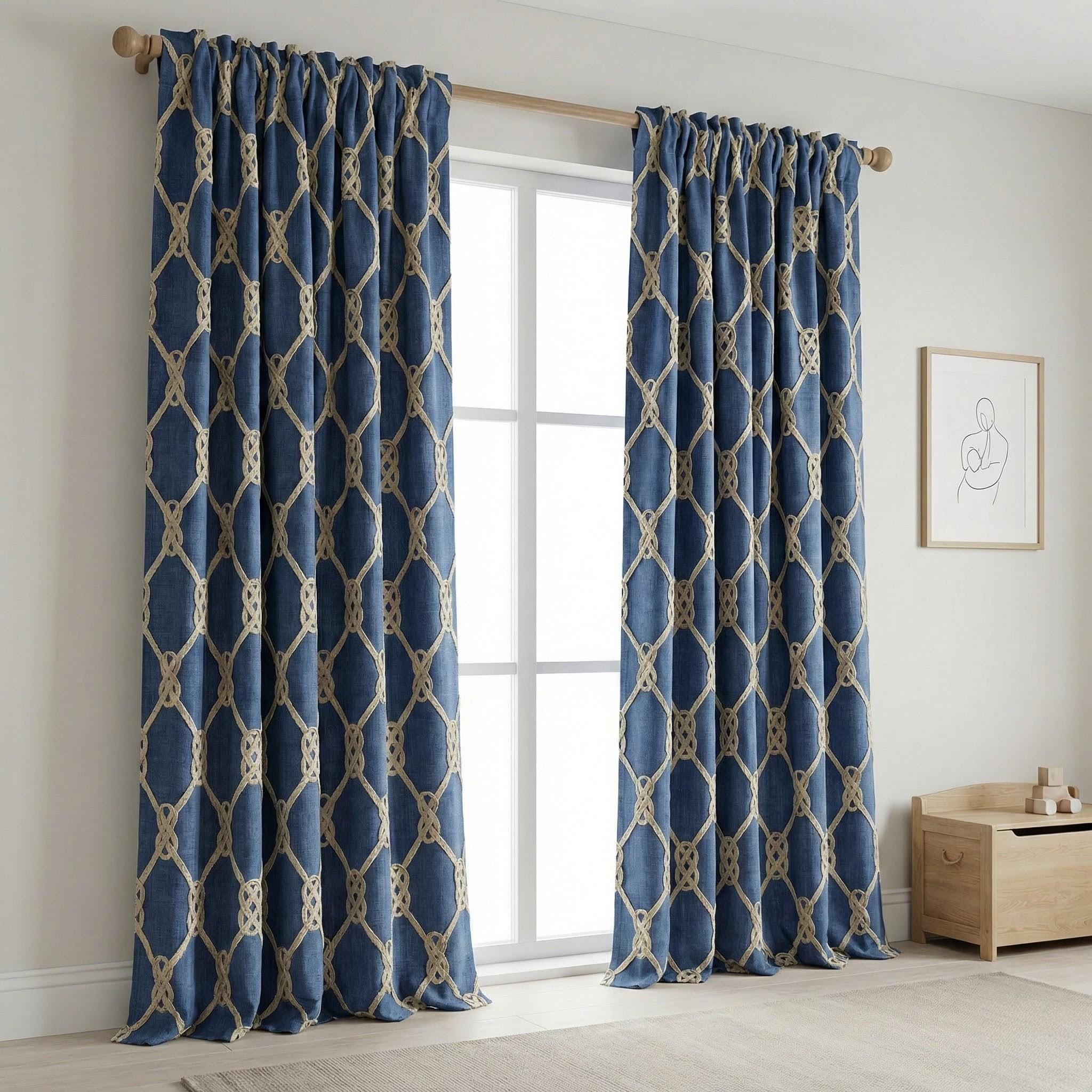 Navy Rope Embroidered Linen Curtains