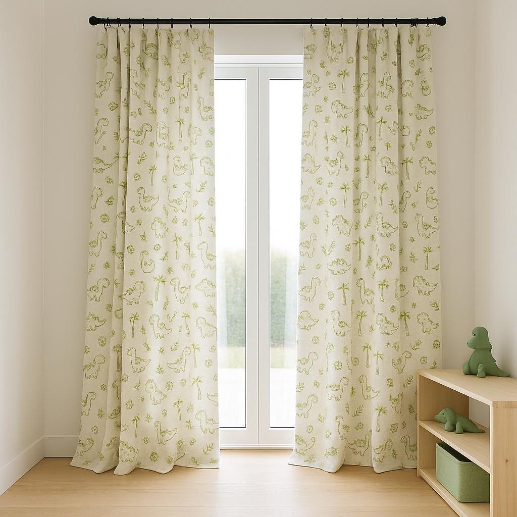 Green dinosaur embroidered linen curtains